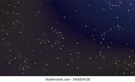 Constellation Map. Astronomical Print. Gradient Blue Galaxy Pattern. Mystic Cosmic Sky with Many Stars.     Vector Nebula Space Background.