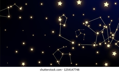 Constellation Map. Astronomical Print. Mystic Cosmic Sky with Many Stars.     Dark Blue Galaxy Pattern. Vector Milky Way Background.