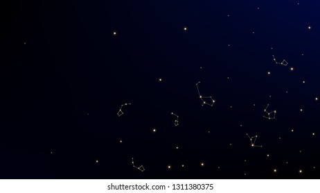Constellation Map. Astronomical Print. Mystic Cosmic Sky with Many Stars.     Dark Blue Galaxy Pattern. Vector Zodiac Sky Background.