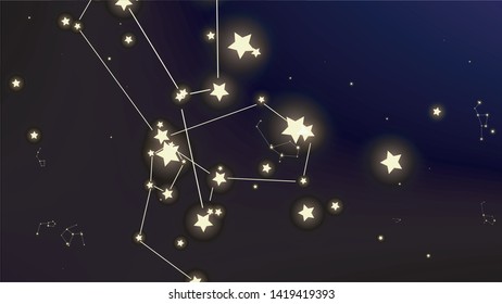 Constellation Map. Astronomical Print. Mystic Cosmic Sky with Many Stars.     Dark Blue Galaxy Pattern. Vector Space Stars Background.