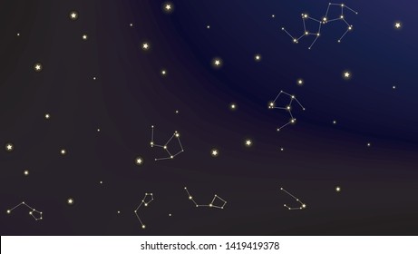 Constellation Map. Astronomical Print. Night Galaxy Pattern. Shining Cosmic Sky with Many Stars.     Vector Milky Way Background.