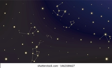 Constellation Map. Astronomical Print. Shining Cosmic Sky With Many Stars.     Dark Blue Galaxy Pattern. Vector Stars Background.