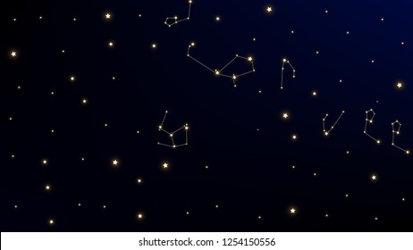 Constellation Map. Beautiful Cosmic Sky with Many Stars.     Astronomical Print. Night Galaxy Pattern. Vector Zodiac Sky Background.