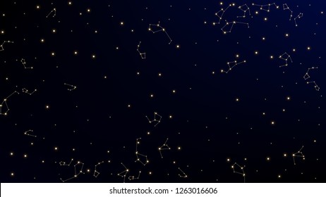 Constellation Map. Beautiful Cosmic Sky with Many Stars.     Astronomical Print. Dark Galaxy Pattern. Vector Milky Way Background.