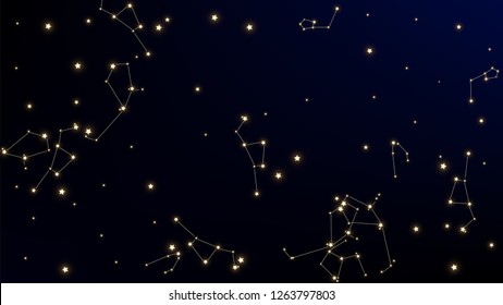 Constellation Map. Beautiful Cosmic Sky with Many Stars.     Blue Galaxy Pattern. Astronomical Print. Vector Constellation Pattern.