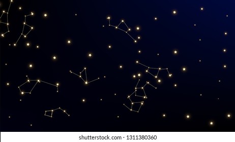 Constellation Map. Beautiful Cosmic Sky with Many Stars.     Astronomical Print. Dark Blue Galaxy Pattern. Vector Stars in Space Background.