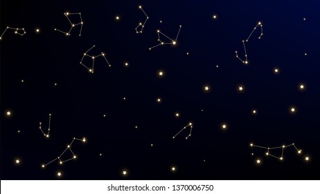 Constellation Map. Beautiful Cosmic Sky with Many Stars.     Dark Blue Galaxy Pattern. Astronomical Print. Vector Sky Cosmos Background.