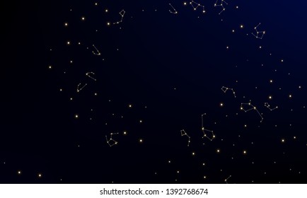 Constellation Map. Beautiful Cosmic Sky with Many Stars.     Blue Galaxy Pattern. Astronomical Print. Vector Space Stars Background.