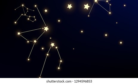 Constellation Map. Blue Galaxy Pattern. Astronomical Print. Shining Cosmic Sky with Many Stars.     Vector Stars in Space Background.