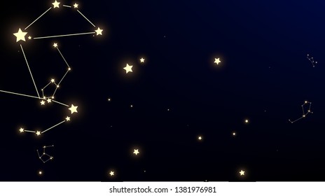 Constellation Map. Dark Blue Galaxy Pattern. Astronomical Print. Mystic Cosmic Sky with Many Stars.     Vector Space Stars Background.