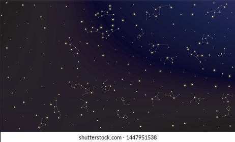 Constellation Map. Dark Blue Galaxy Pattern. Beautiful Cosmic Sky with Many Stars.     Astronomical Print. Vector Sky Cosmos Background.