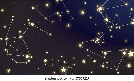 Constellation Map. Dark Blue Galaxy Pattern. Magic Cosmic Sky with Many Stars.     Astronomical Print. Vector Space Stars Background.