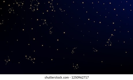 Constellation Map. Dark Galaxy Pattern. Beautiful Cosmic Sky with Many Stars.     Astronomical Print. Vector Sky Cosmos Background.
