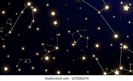 Constellation Map. Gradient Blue Galaxy Pattern. Astronomical Print. Beautiful Cosmic Sky with Many Stars.     Vector Zodiac Sky Background.