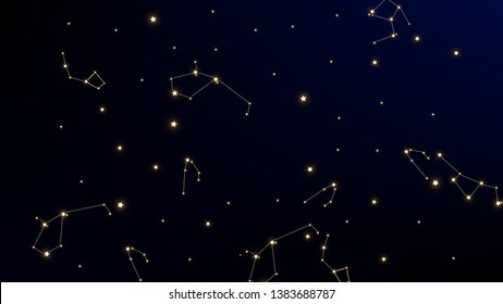 Constellation Map. Gradient Blue Galaxy Pattern. Astronomical Print. Shining Cosmic Sky with Many Stars.     Vector Stars in Space Background.