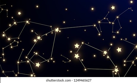 Constellation Map. Magic Cosmic Sky with Many Stars.     Dark Blue Galaxy Pattern. Astronomical Print. Vector Milky Way Background.