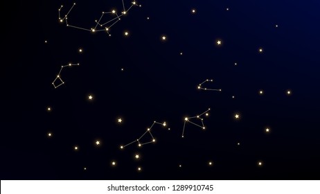 Constellation Map. Magic Cosmic Sky with Many Stars.     Astronomical Print. Gradient Blue Galaxy Pattern. Vector Zodiac Sky Background.