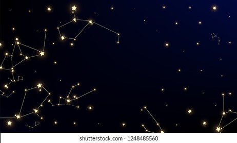 Constellation Map. Mystic Cosmic Sky with Many Stars.     Astronomical Print. Blue Galaxy Pattern. Vector Constellation Pattern.