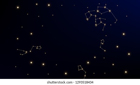 Constellation Map. Mystic Cosmic Sky with Many Stars.     Astronomical Print. Blue Galaxy Pattern. Vector Milky Way Background.