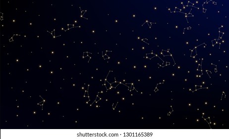 Constellation Map. Mystic Cosmic Sky with Many Stars.     Blue Galaxy Pattern. Astronomical Print. Vector Nebula Space Background.