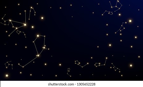 Constellation Map. Mystic Cosmic Sky with Many Stars.     Dark Blue Galaxy Pattern. Astronomical Print. Vector Constellation Map Background.