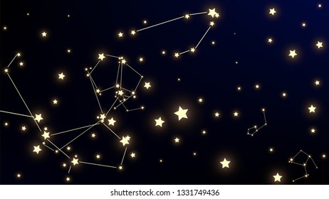 Constellation Map. Mystic Cosmic Sky with Many Stars.     Astronomical Print. Night Galaxy Pattern. Vector Sky Cosmos Background.