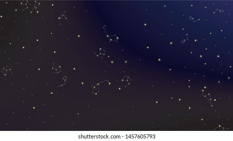 Constellation Map. Mystic Cosmic Sky with Many Stars.     Astronomical Print. Dark Blue Galaxy Pattern. Vector Nebula Space Background.