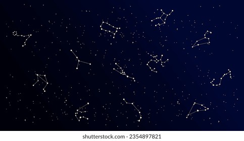 Mapa de constelación, cielo místico cósmico con constelaciones y estrellas, fondo nebulosa, galaxia azul. Ilustración, afiche, vector	
