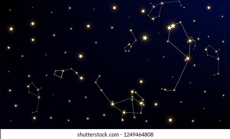 Constellation Map. Shining Cosmic Sky with Many Stars.     Blue Galaxy Pattern. Astronomical Print. Vector Stars Background.