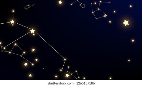 Constellation Map. Shining Cosmic Sky with Many Stars.     Gradient Blue Galaxy Pattern. Astronomical Print. Vector Stars in Space Background.