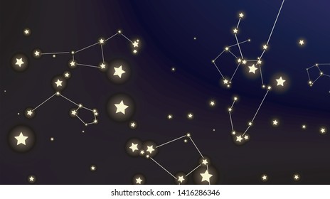 Constellation Map. Shining Cosmic Sky with Many Stars.     Astronomical Print. Night Galaxy Pattern. Vector Sky Cosmos Background.