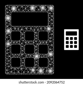 Constellation mesh calculator web icon with glitter spots. Illuminated constellation is done using calculator vector icon. Illuminated carcass web polygonal calculator, on a black background.