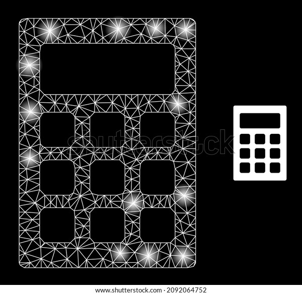 Constellation mesh calculator web icon with\
glitter spots. Illuminated constellation is done using calculator\
vector icon. Illuminated carcass web polygonal calculator, on a\
black\
background.