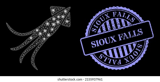 Constellation mesh calmar with light spots, and Sioux Falls blue round grunge stamp seal. Vector constellation generated from calmar icon. Glowing carcass mesh calmar.