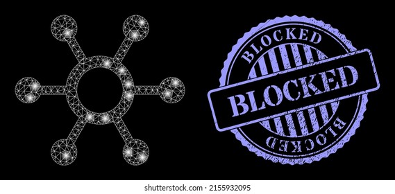 Constellation mesh central links with lightspots, and Blocked blue round grunge stamp seal. Vector frame created from central links icon. Glossy carcass polygonal central links.