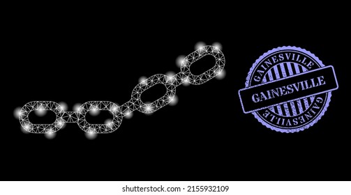 Constellation mesh chain with light spots, and Gainesville blue round scratched seal. Vector carcass generated from chain icon. Glowing carcass mesh chain.