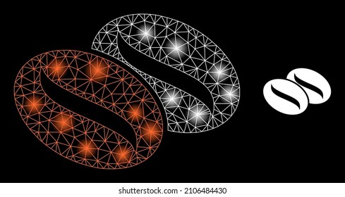 Constellation mesh coffee seeds web icon with illuminated light spots. Illuminated model is created using coffee seeds vector icon. Constellation carcass web polygonal coffee seeds,