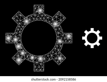 Constellation mesh cog web icon with majestic light spots. Illuminated constellation generated using cog vector icon. Constellation frame web polygonal cog, on a black background.