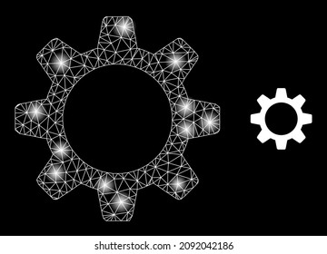 Constellation mesh cogwheel web icon with illuminated spots. Illuminated constellation is generated from cogwheel vector icon. Illuminated frame web polygonal cogwheel, on a black background.