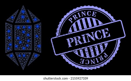 El cristal de malla de constelación con manchas claras y el sello de rayado redondo azul príncipe. Cuadrícula vectorial creada a partir del icono de cristal. Cristal de malla de marco de espuma.