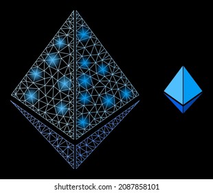 Constellation mesh crystal web icon with bright spots. Illuminated constellation is generated from crystal vector icon. Illuminated frame web polygonal crystal, on a black background.
