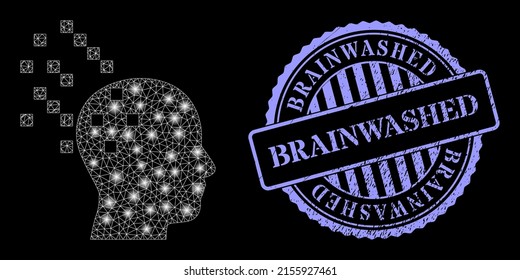 Constellation mesh digital brain compilation with light spots, and Brainwashed blue round scratched watermark. Vector constellation created from digital brain compilation icon.