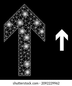 Constellation mesh up direction web icon with magic spots. Illuminated constellation is generated from up direction vector icon. Glossy frame web polygonal up direction, on a black background.