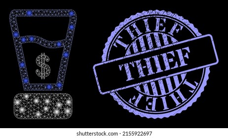 Constellation mesh dollar mixer with lightspots, and Thief blue round rubber seal print. Vector grid generated from dollar mixer icon. Glossy frame mesh dollar mixer.