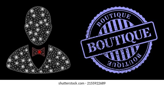 Constellation mesh elegant boss with glowing spots, and Boutique blue round scratched seal imitation. Vector constellation created from elegant boss icon. Glowing frame mesh elegant boss.