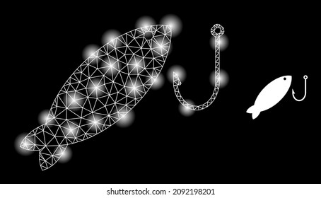Constellation mesh fishing web icon with illuminated light spots. Illuminated constellation is created using fishing vector icon. Illuminated frame web polygonal fishing, on a black background.