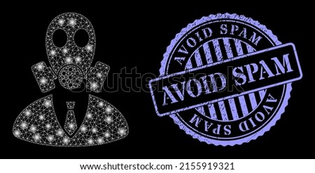 Constellation mesh gasmask boss with glowing spots, and Avoid Spam blue round grunge stamp. Vector constellation created from gasmask boss icon. Constellation carcass mesh gasmask boss.