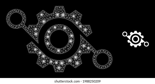 Constellation mesh gear project with light spots. Vector constellation created from gear project icon. Constellation frame mesh gear project on a black background.
