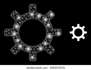 Constellation mesh gearwheel web icon with glowing spots. Illuminated constellation created using gearwheel vector icon. Flare frame web polygonal gearwheel, on a black background.