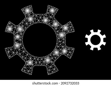 Constellation mesh gearwheel web icon with bright light spots. Illuminated constellation generated from gearwheel vector icon. Illuminated frame web polygonal gearwheel, on a black background.